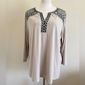 Susan Graver Cream and Black Embellished 3/4 Sleeve Tunic